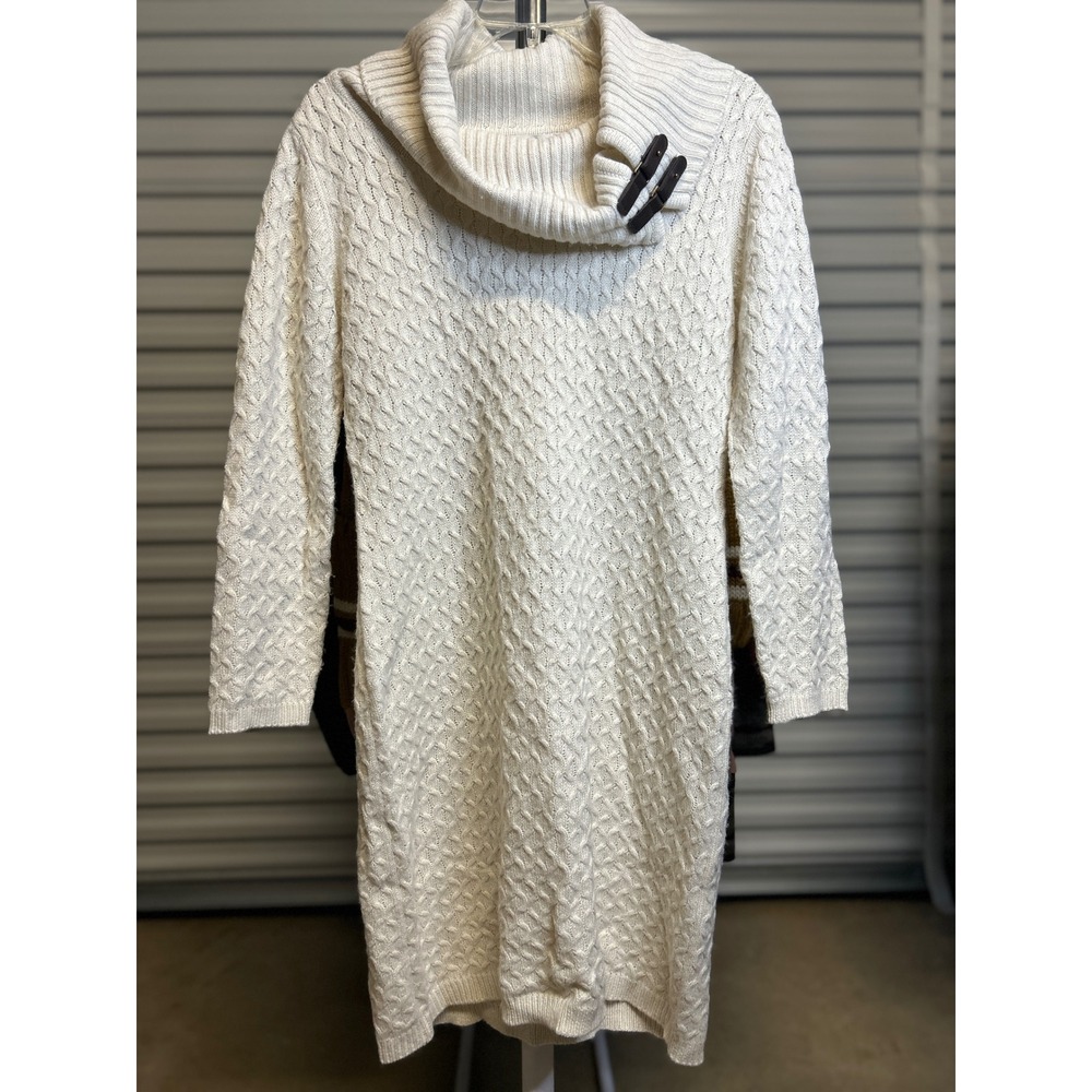 Sandra Darren Sweater Dress Women L Cream Cowl Neck Buckle Cable Knit Mini Dress